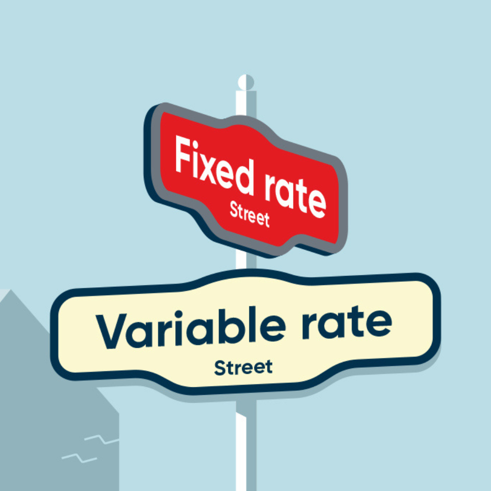 An image with two street signs one says fixed rate and one says variable rate. Showing the best mortgage rates calgary.